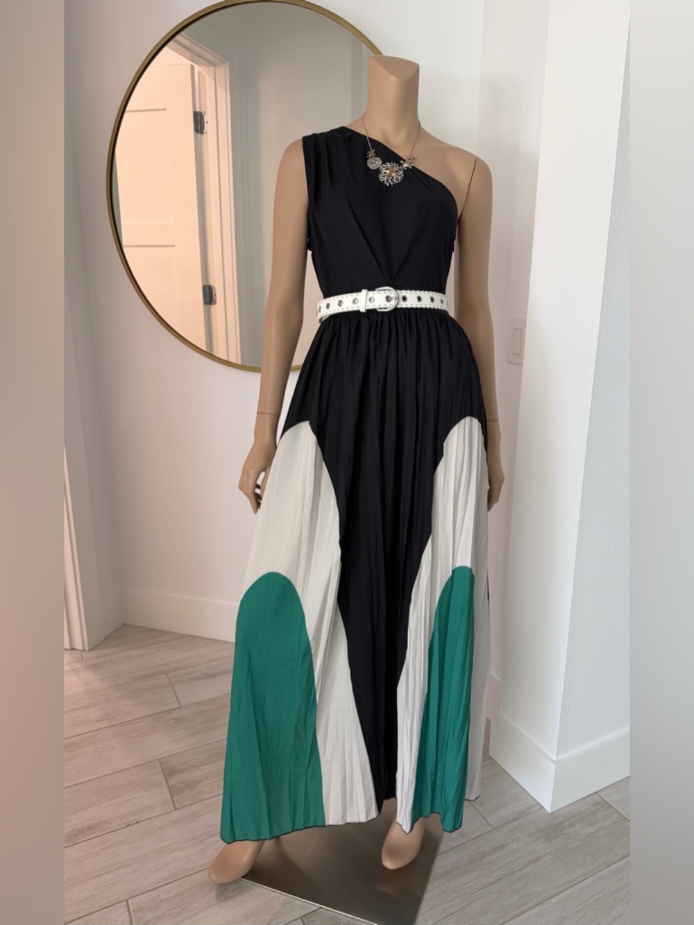 One-Shoulder Black, White & Green Maxi Dress
